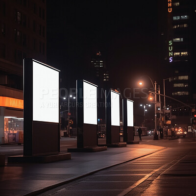 Urban billboard, night and mockup for marketing, blank advertising space or ai generated information