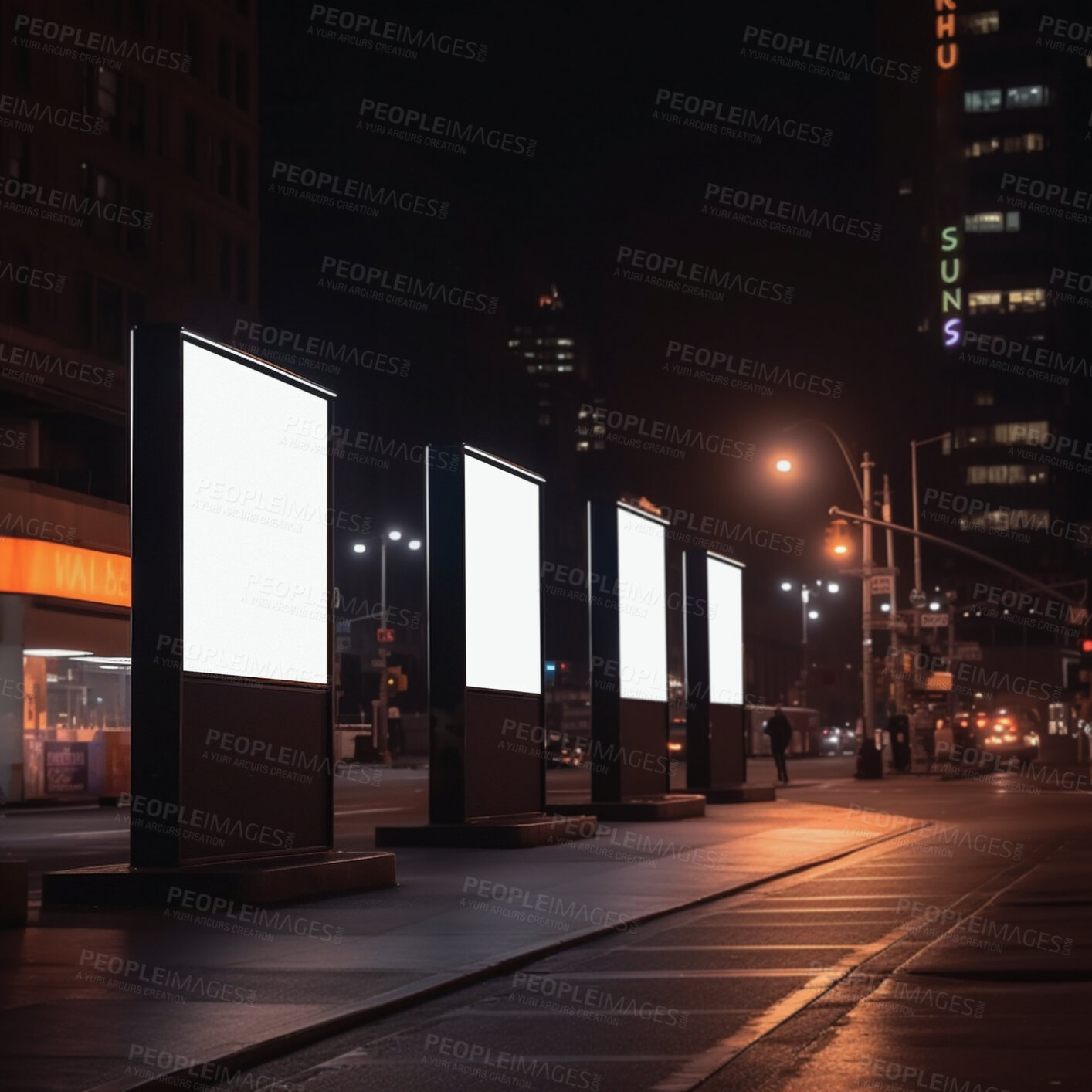 Buy stock photo Urban billboard, night and mockup for marketing, blank advertising space or ai generated information