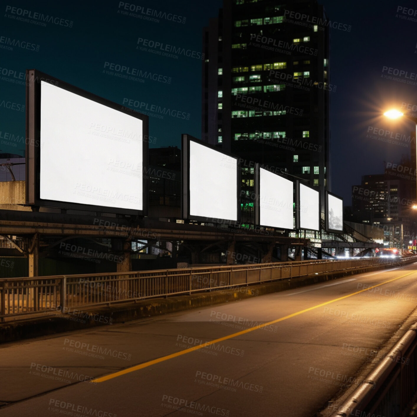 Buy stock photo Urban billboard, night and mockup space for marketing, blank advertising or ai generated information