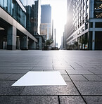 City poster, mockup and sidewalk for marketing space, blank advertising or ai generated information