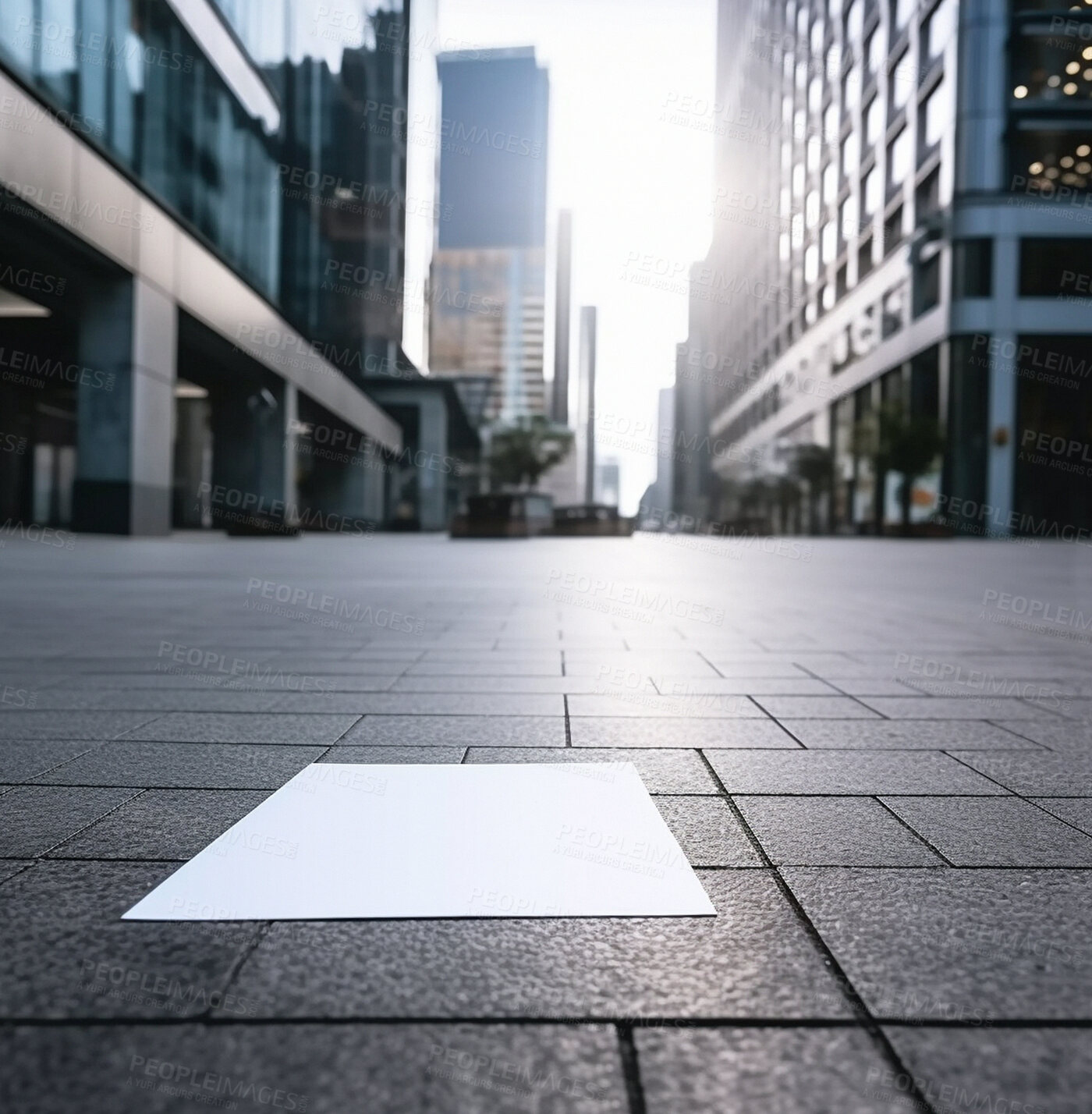 Buy stock photo City poster, mockup and sidewalk for marketing space, blank advertising or ai generated information