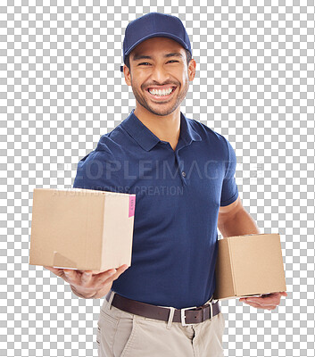 Delivery man smile, shipping box and portrait of a employee in s