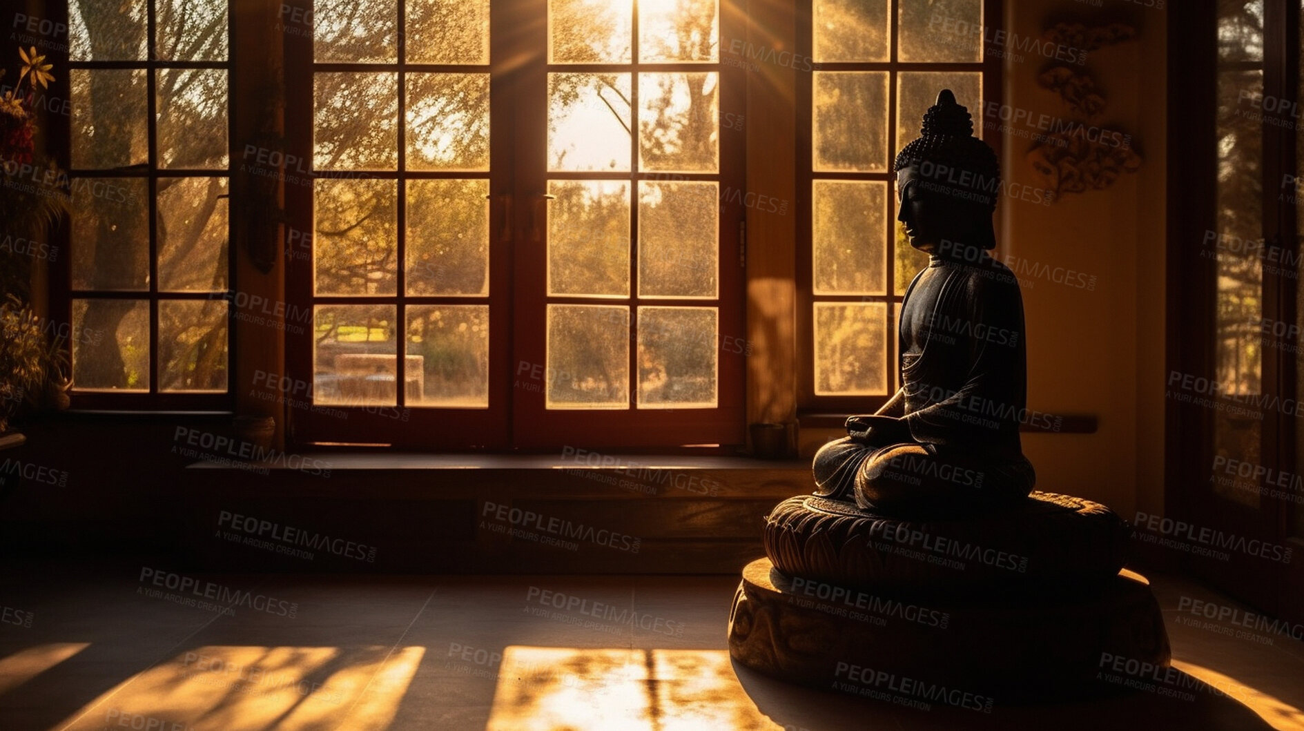 Buy stock photo Sunrise, stone and buddha statue in temple for religion, spirituality and Buddhism faith. Ai generated, monument and symbol for Buddhist zen, calm and peace in hope, meditation and sunset belief