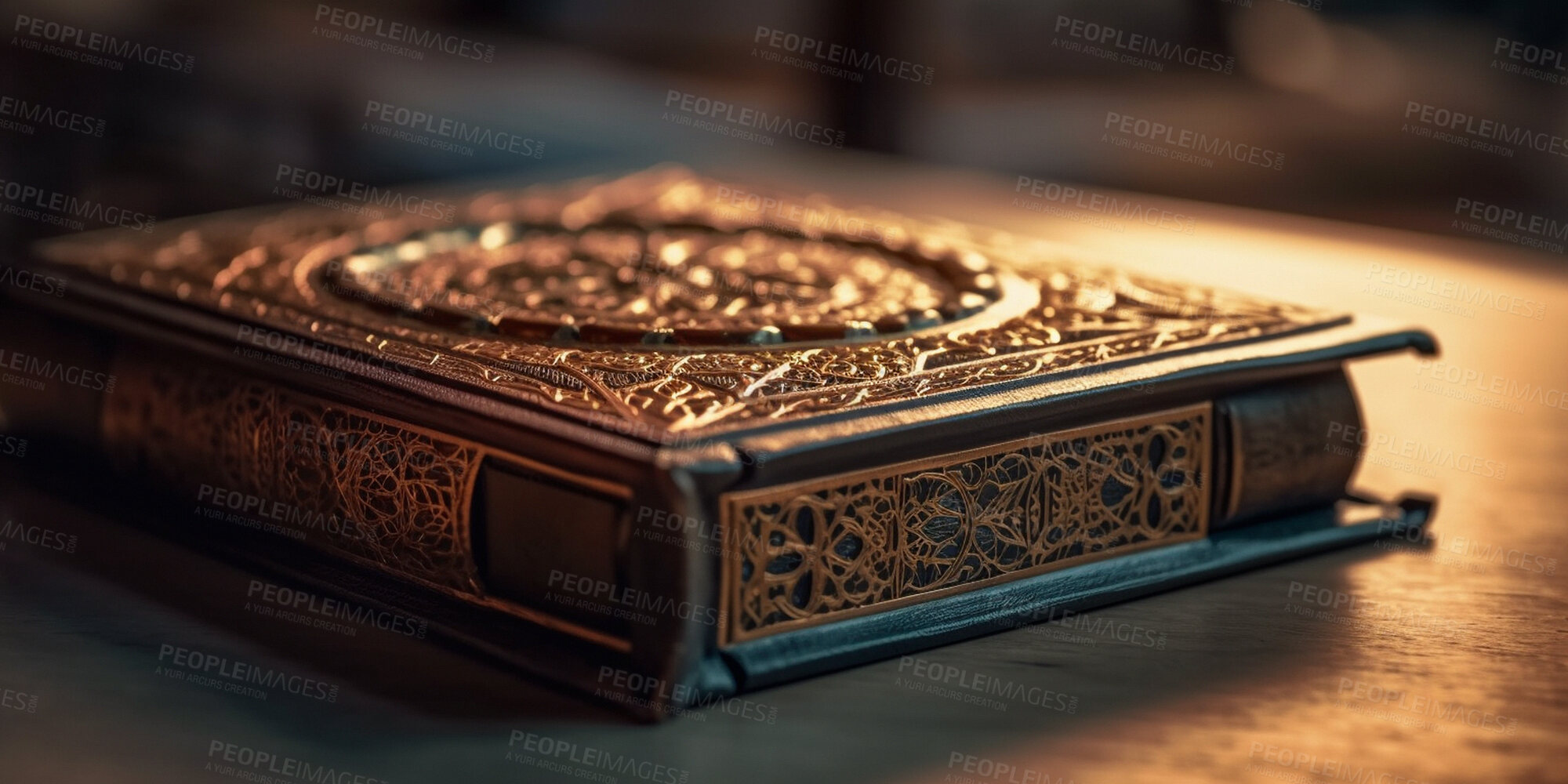 Buy stock photo Closeup, book and quran for Muslim religion, faith and belief for Eid, Ramadan and Mecca praying in mosque. Ai generated, books and religious scripture for Islamic prophecy, theology and spirituality