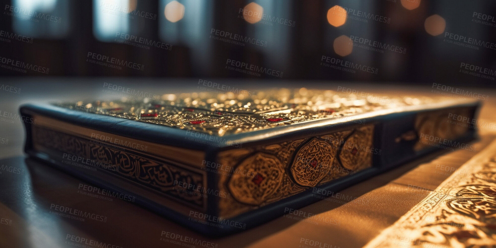 Buy stock photo Closeup, book and quran in mosque for Muslim religion, faith and belief for Eid, Ramadan and Mecca praying. Ai generated, books and religious scripture for Islamic prophecy, theology and spirituality
