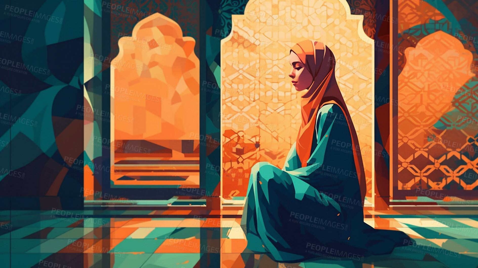 Buy stock photo Woman, illustration and profile in mosque for Islamic faith, religion belief for Eid, Ramadan and Mecca praying. Ai generated, female person and religious Muslim in spirituality building at sunrise