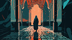Woman, illustration or back in mosque for Islamic faith, religion belief for Eid, Ramadan and sunrise Mecca praying. Ai generated, female person or religious Muslim in spirituality building at sunset