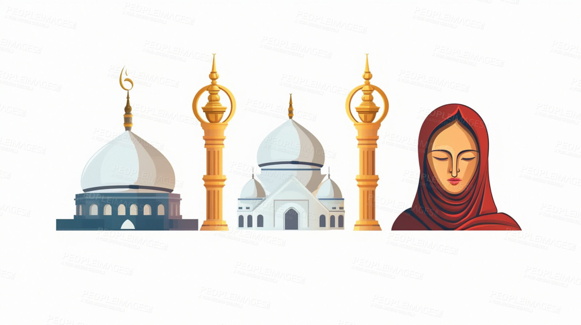 Buy stock photo Woman, illustration and mosque buildings for Islamic faith, religion belief for Eid, Ramadan and Mecca banner. Ai generated, female person and religious Muslim in spirituality building for praying