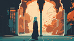 Woman, illustration and sunrise mosque for Islamic faith, religion belief for Eid, Ramadan and Mecca praying. Ai generated, female person and religious Muslim in spirituality building at sunset