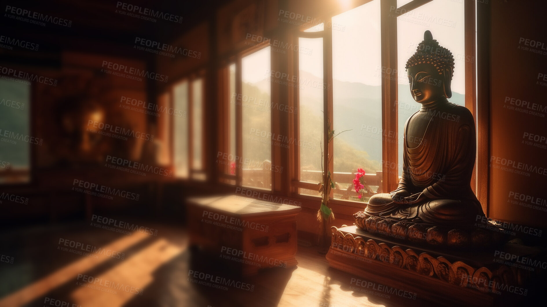 Buy stock photo Monument, brass and buddha in temple faith, spirituality and religion at Buddhism sunset. Ai generated statue, metal or symbol for Buddhist zen, calm and peace in hope, meditation and sunrise belief