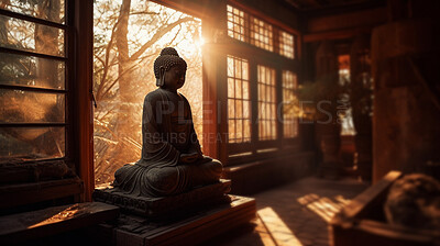 Metal, brass and buddha statue in temple for religion, spirituality and Buddhism sunset faith. Ai generated, monument or symbol for Buddhist zen, calm and peace in hope, meditation and sunrise belief