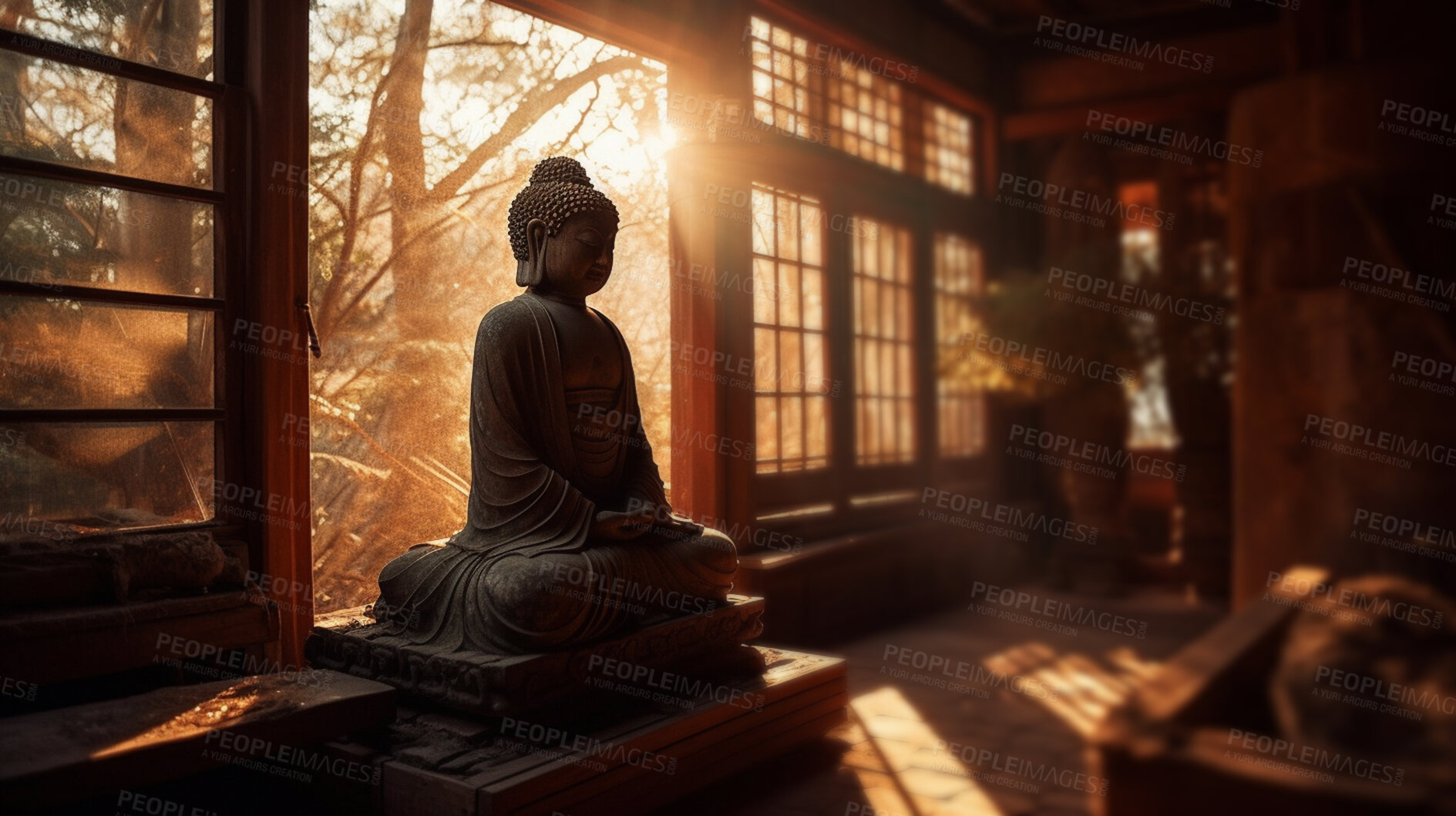 Buy stock photo Metal, brass and buddha statue in temple for religion, spirituality and Buddhism sunset faith. Ai generated, monument or symbol for Buddhist zen, calm and peace in hope, meditation and sunrise belief