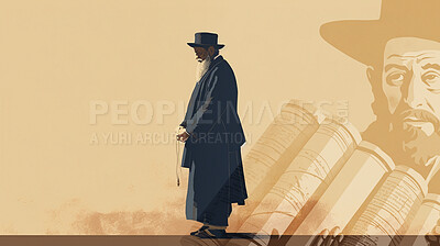 Elderly man, Jewish and orthodox illustration for faith, religion and belief in Hannukah, passover and yom kippur. Ai generated, senior and male person in religious Judaism on mockup space art