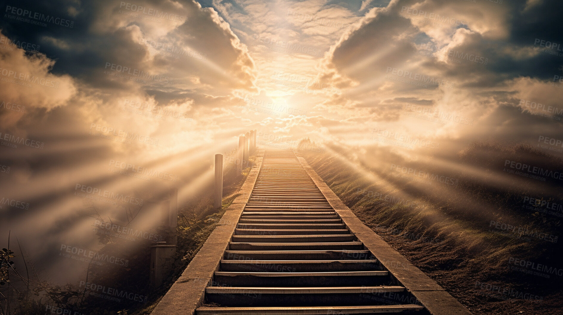 Buy stock photo Staircase, steps and way to heaven for God, religion and faith in spiritual passage, architecture and blue sky paradise. Ai generated, stairs and sunlight step for Catholic and Christian afterlife