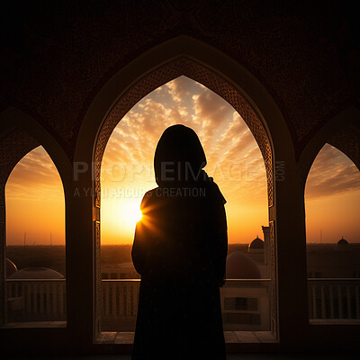 Female person, silhouette and sunrise mosque for Islamic faith, religion belief for Eid, Ramadan and Mecca praying. Ai generated, woman and religious Muslim in spirituality building at sunset