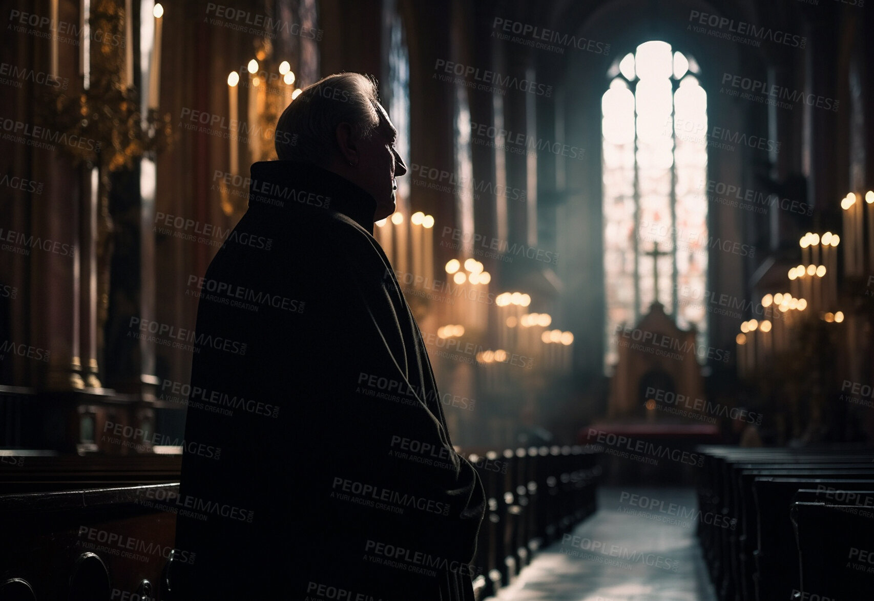 Buy stock photo Senior man, thinking and Catholic priest in church for religion, faith and belief in vision, hope and morning mass. Ai generated, male person and religious Christian pastor in spiritual cathedral