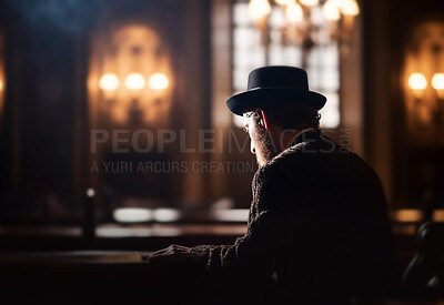 Elderly man, orthodox and synagogue for Jewish faith, religion belief for Hannukah, passover and yom kippur. Ai generated, mature and senior male person in religious Judaism or spirituality building