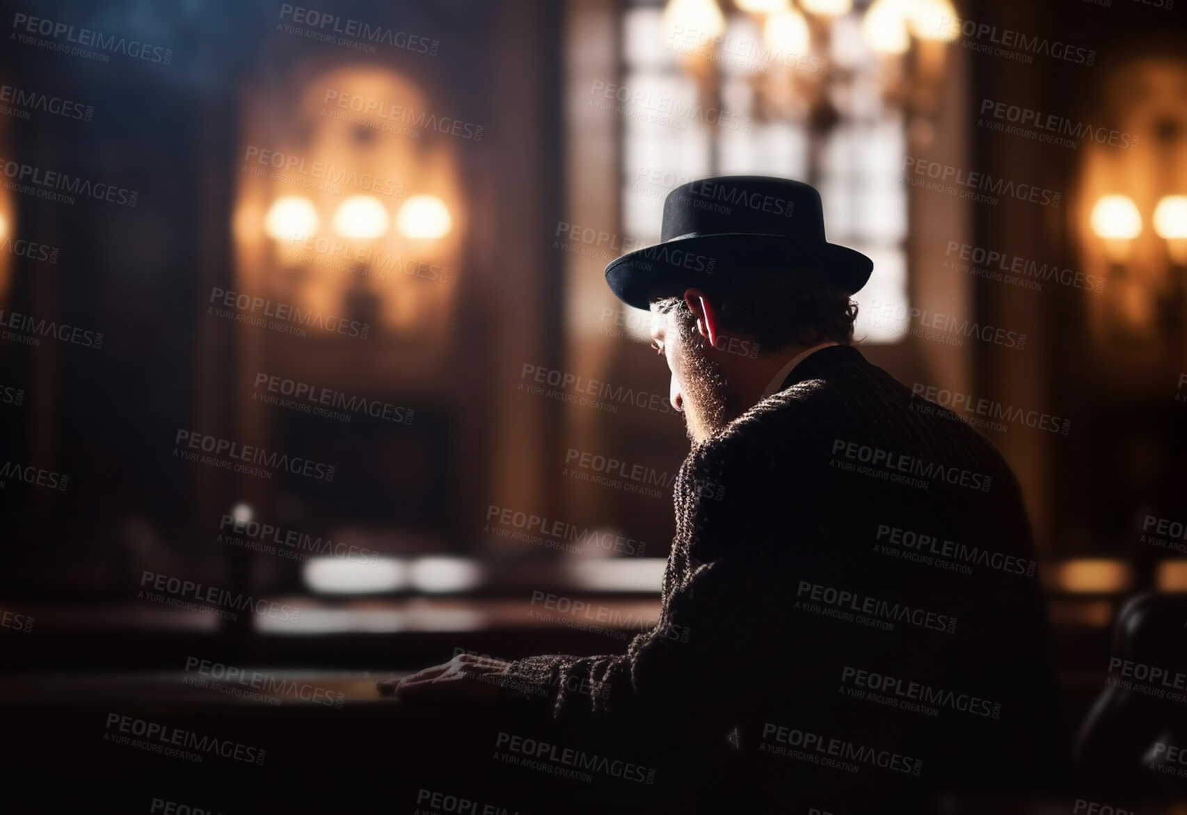 Buy stock photo Elderly man, orthodox and synagogue for Jewish faith, religion belief for Hannukah, passover and yom kippur. Ai generated, mature and senior male person in religious Judaism or spirituality building