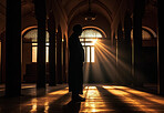 Man, silhouette and mosque for Islamic religion, faith and belief for Eid, Ramadan and Mecca praying at sunset. Ai generated, male person and religious Muslim in spirituality building at sunrise