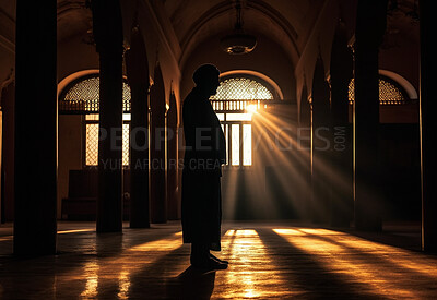 Man, silhouette and mosque for Islamic religion, faith and belief for Eid, Ramadan and Mecca praying at sunset. Ai generated, male person and religious Muslim in spirituality building at sunrise