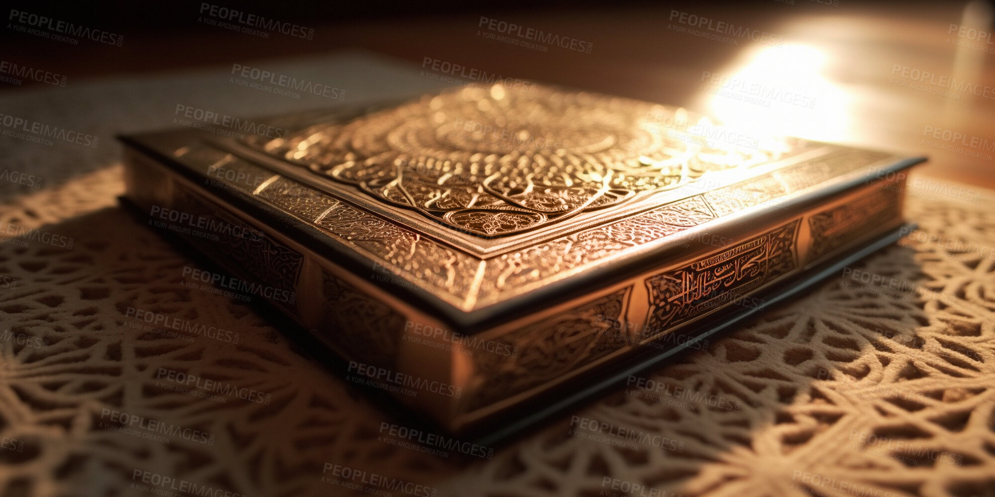 Buy stock photo Closeup, book and quran in mosque for Islamic religion, faith and belief for Eid, Ramadan and Mecca praying. Ai generated, books and religious scripture for Muslim prophecy, theology and spirituality
