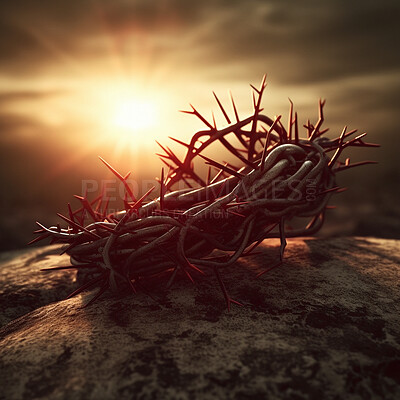 Closeup, crown and thorns at sunset for religion, spirituality and Catholic belief. Ai generated resurrection, wrath and symbol for Christianity faith, Jesus crucifixion and sunrise salvation