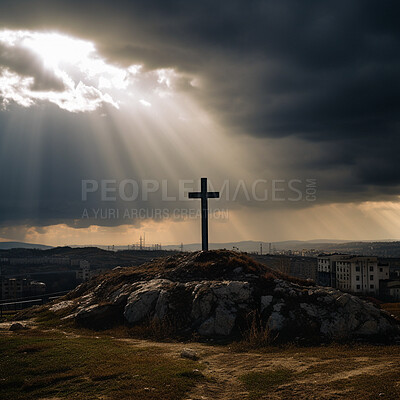 Cross, statue and sun rays in landscape for religion, spirituality and Catholic faith. Ai generated, monument and symbol for Christianity prayer, calm and peace in hope and crucifixion belief