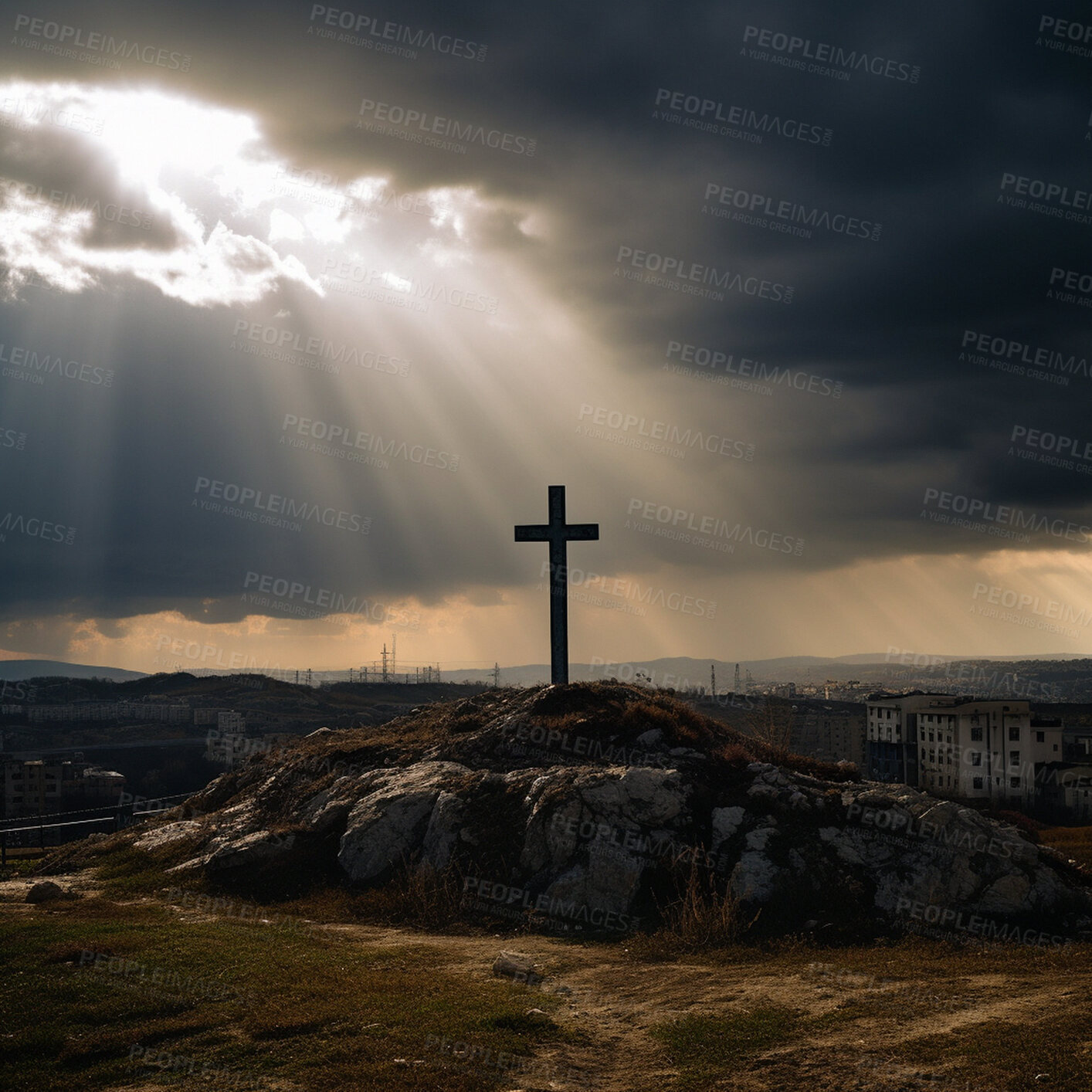 Buy stock photo Cross, statue and sun rays in landscape for religion, spirituality and Catholic faith. Ai generated, monument and symbol for Christianity prayer, calm and peace in hope and crucifixion belief