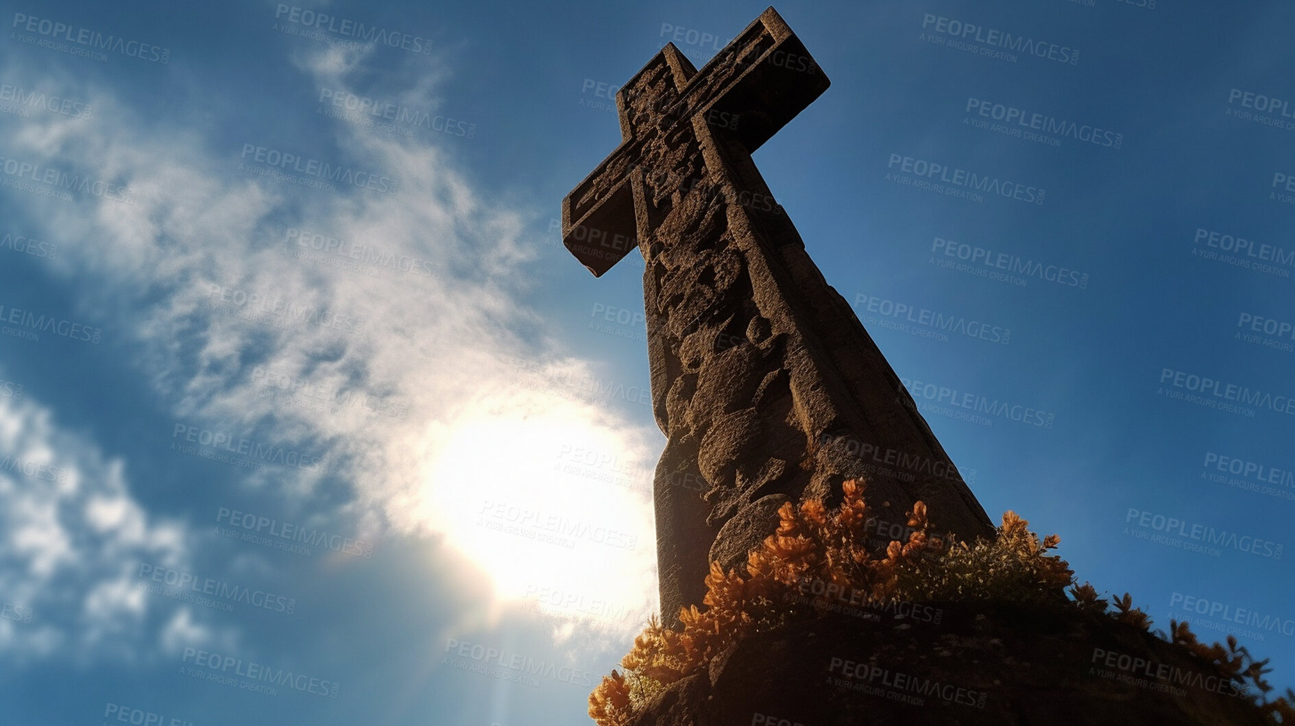 Buy stock photo Low angle, stone or cross statue in blue sky church for religion, spirituality or Catholic faith. Ai generated, monument or symbol for Christianity prayer, calm or peace in hope or crucifixion belief