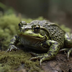 Closeup, green frog and amphibian in forest nature for biology, sustainability and ai generated