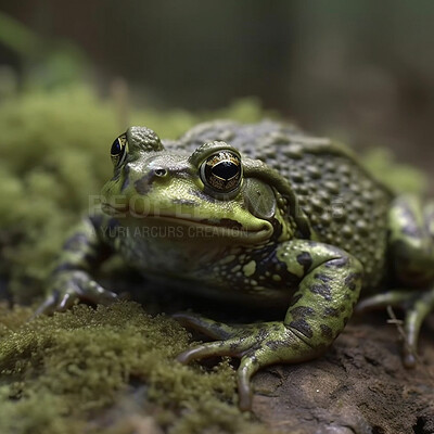 Buy stock photo Closeup, green frog and amphibian in forest nature for biology, sustainability and ai generated