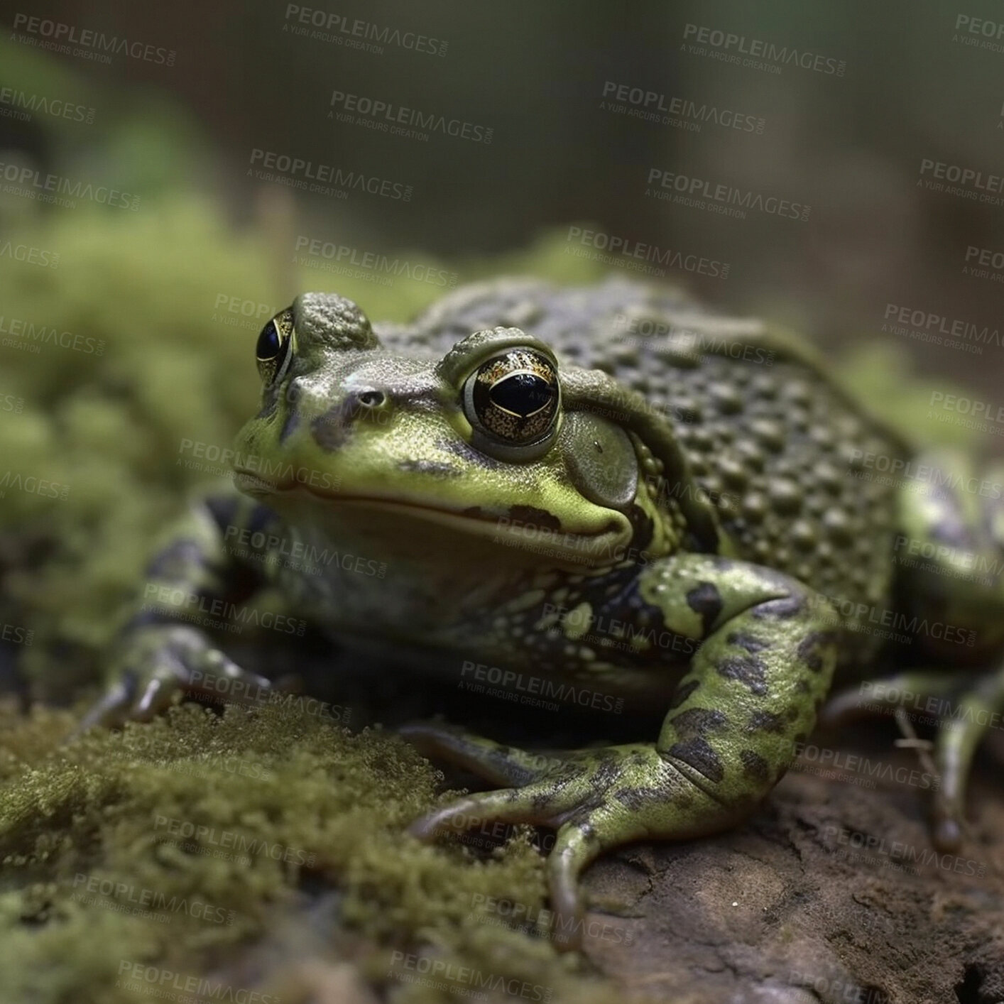 Buy stock photo Closeup, green frog and amphibian in forest nature for biology, sustainability and ai generated