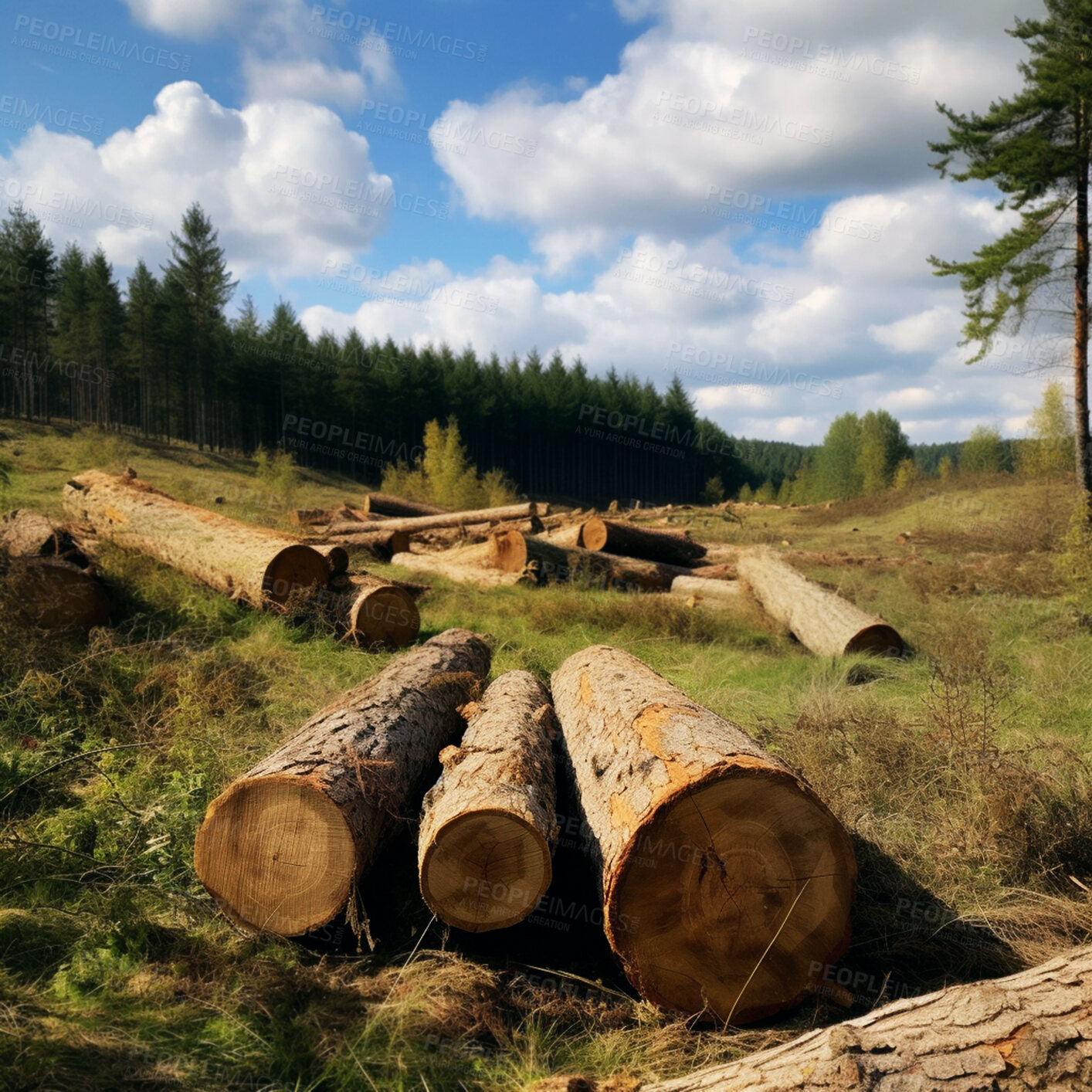 Buy stock photo Trees, log and wood pile in forest for deforestation, harvest and ai generated lumber industry