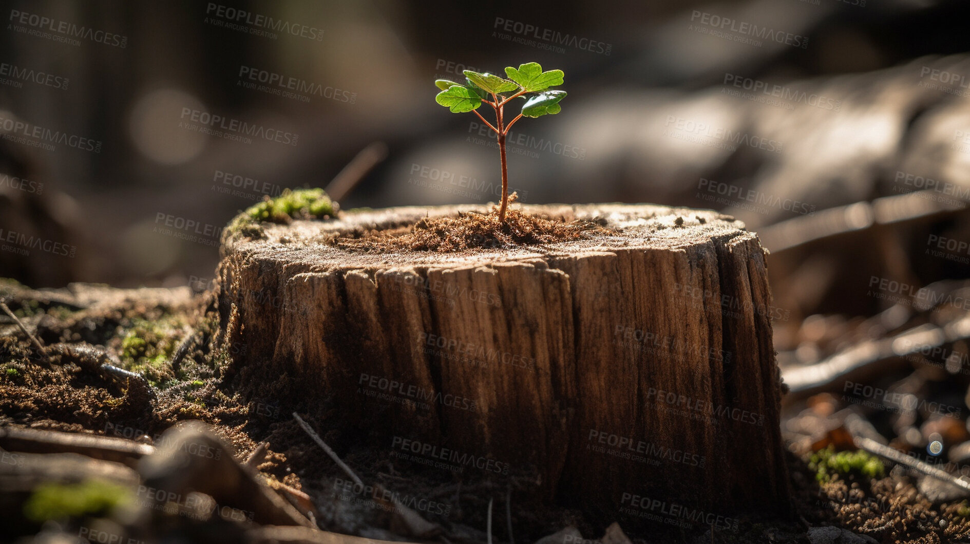 Buy stock photo Closeup, growth and tree stump with sapling, forest and sustainability with ai generated plant