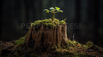 Buy stock photo Closeup, plant and tree stump with sapling, growth and sustainability in ai generated forest