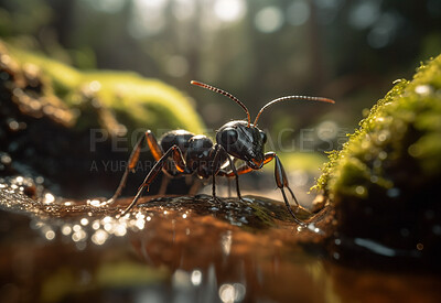 Closeup, ant and bug in nature woods, forest and river for sustainability and ai generated insect