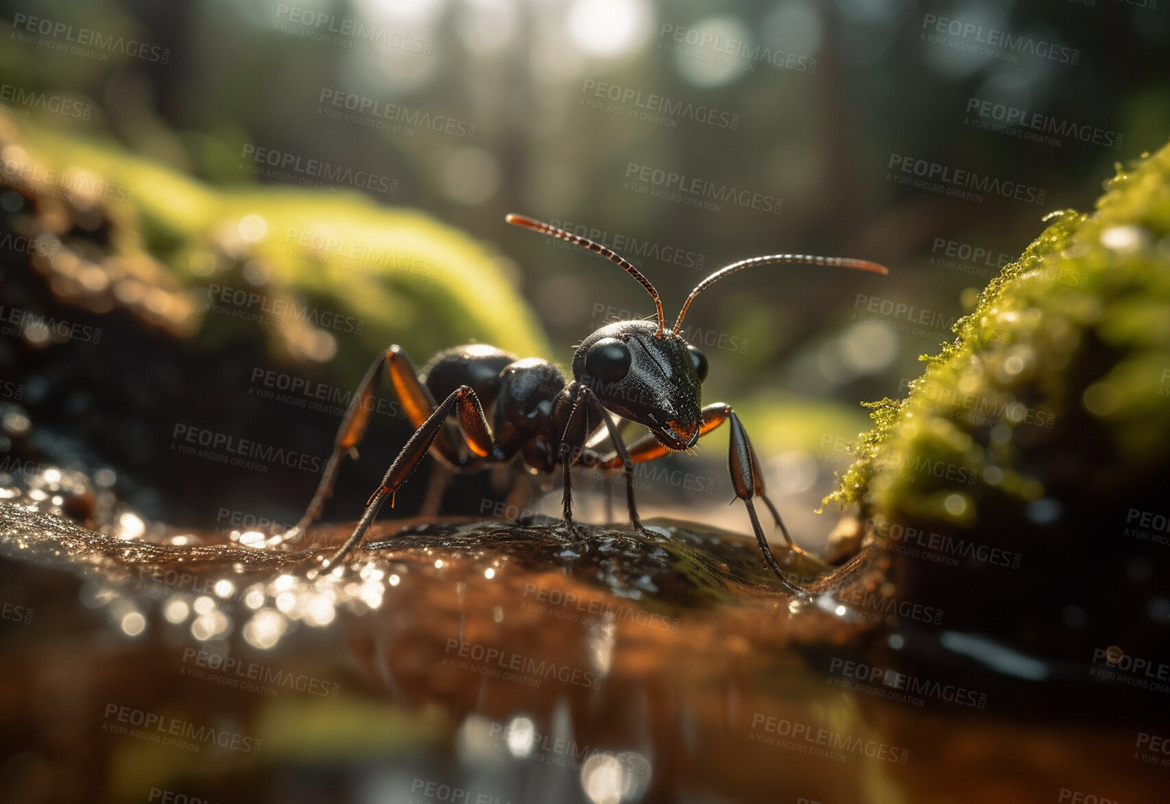 Buy stock photo Closeup, ant and bug in nature woods, forest and river for sustainability and ai generated insect