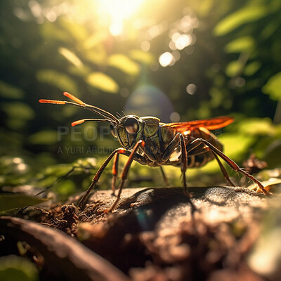 Closeup, wasp and flying insect in nature forest woods for wild, sustainability and ai generated bug