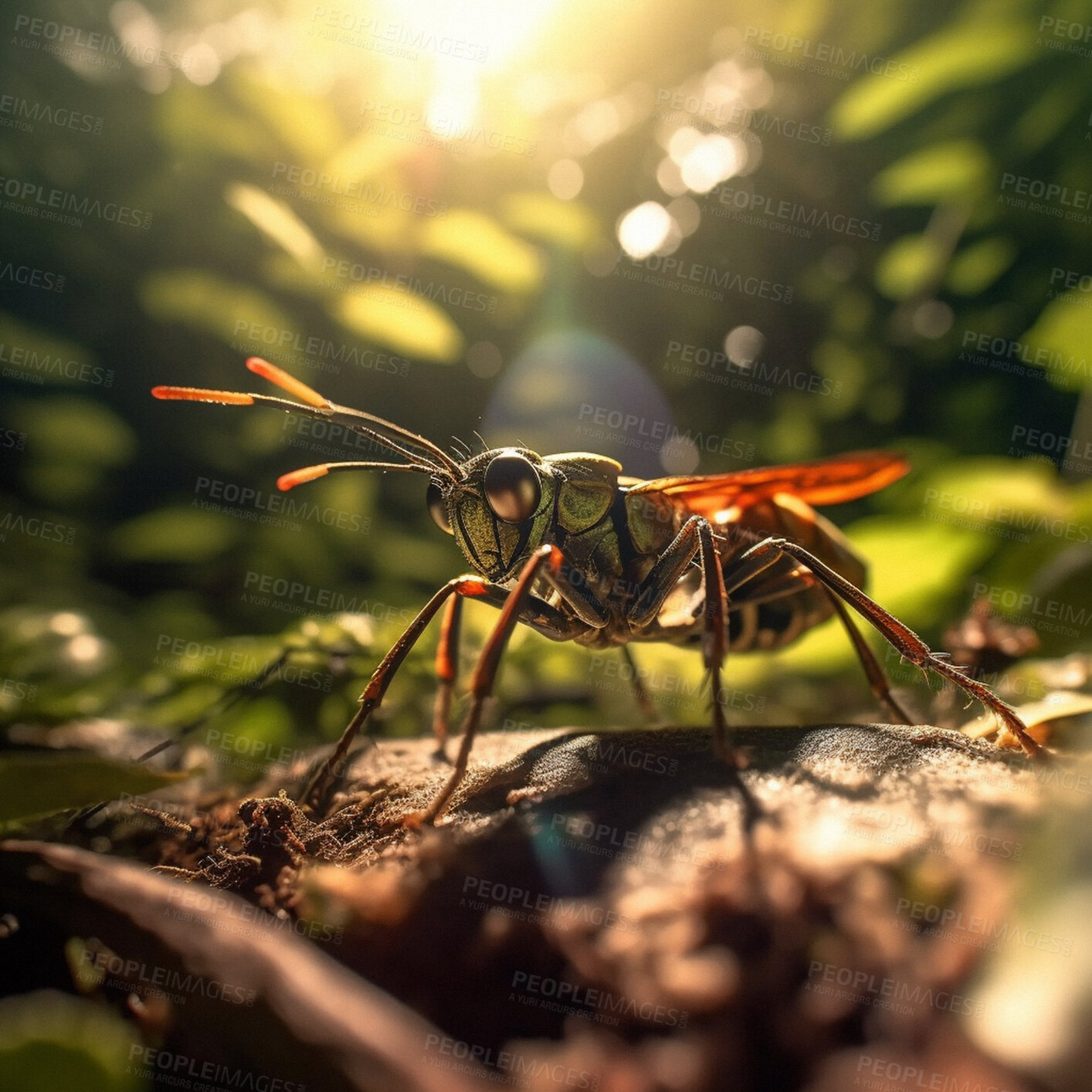 Buy stock photo Closeup, wasp and flying insect in nature forest woods for wild, sustainability and ai generated bug