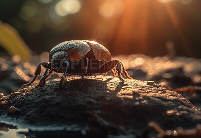Closeup, dung beetle and insect in nature forest for biology, sustainability and ai generated bug