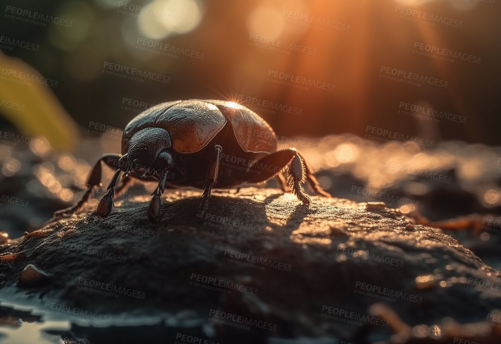 Buy stock photo Closeup, dung beetle and insect in nature forest for biology, sustainability and ai generated bug