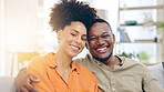 Happy, face and couple in a living room, embrace and relax while bonding in their home together. Love, smile and portrait of black woman with man in a lounge, cheerful and enjoying their relationship