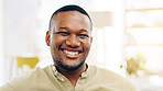 Happy, relax and face of black man on sofa at home on weekend, holiday and easy lifestyle. Apartment, calm and portrait of male smile on couch in living room for resting, comfortable and relaxation