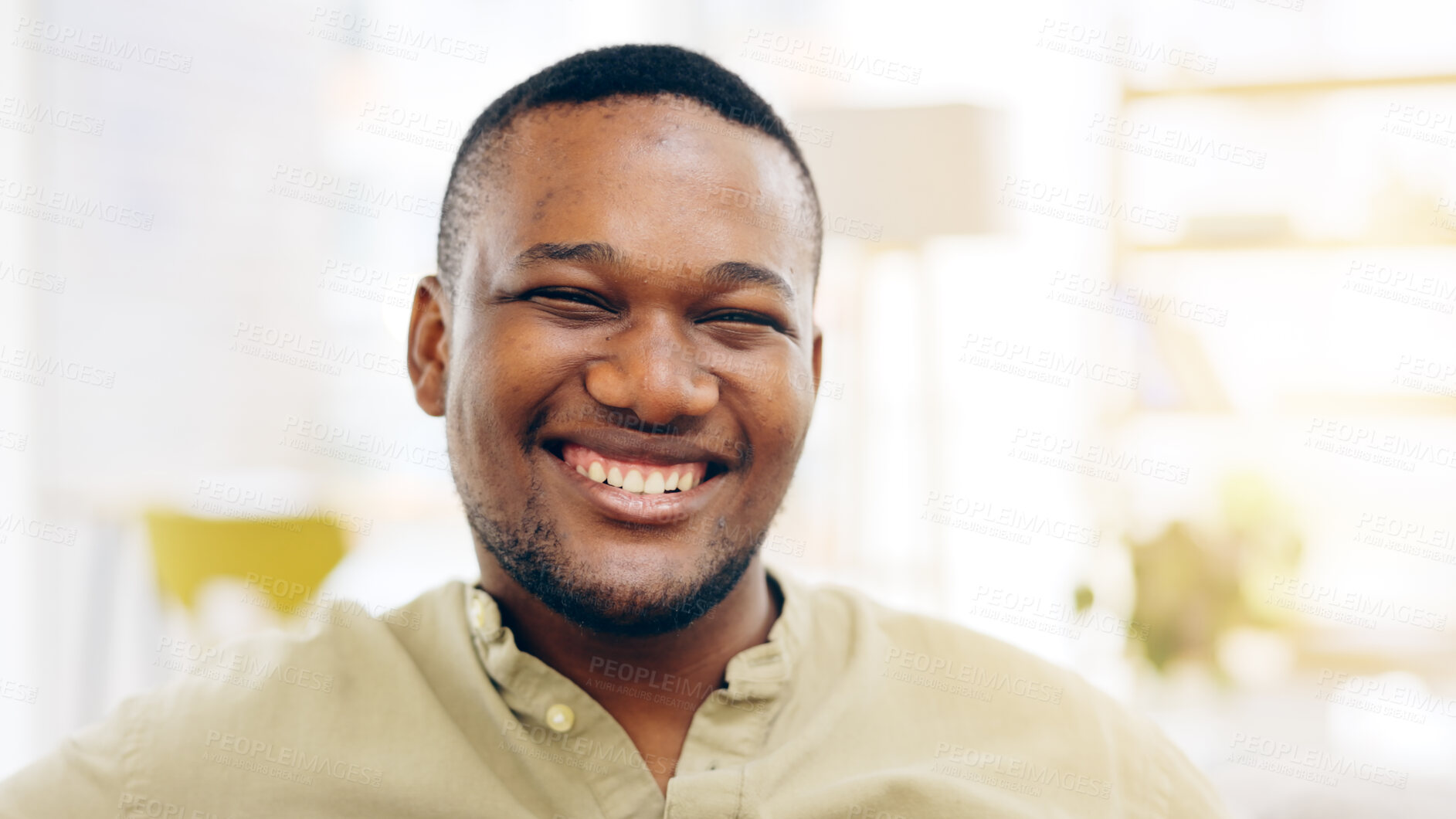 Buy stock photo Happy, black man and portrait in home to relax on weekend, holiday and fun free time in apartment. Laughing, face and smile on couch in house, living room or morning in lounge with peace and wellness