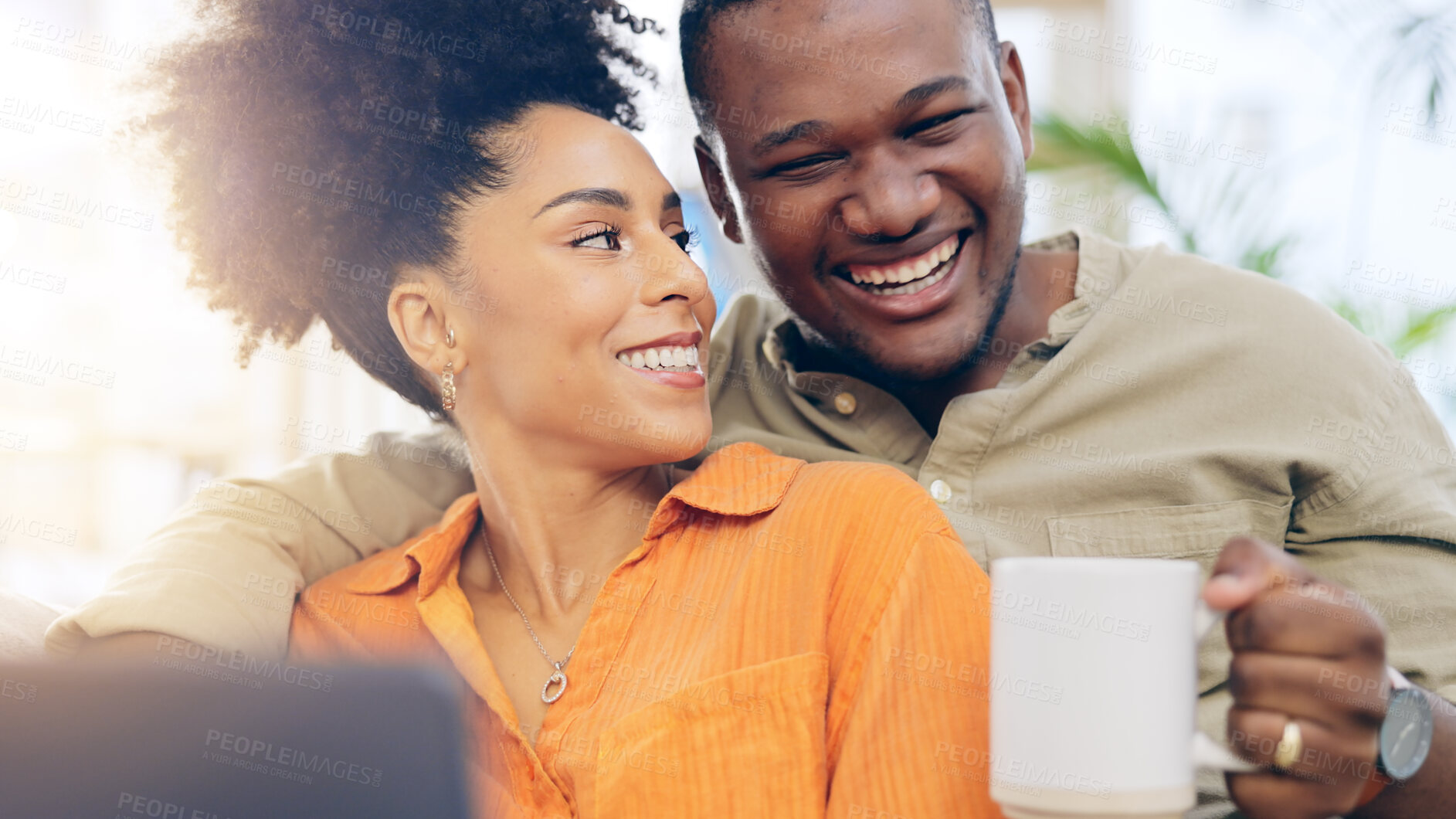 Buy stock photo Happy, laptop and African couple with coffee smile for bonding, watching funny comedy and movies on sofa. Dating, computer and black man and woman on streaming subscription, online videos and film