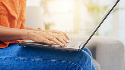 Buy stock photo Closeup, woman and laptop with typing on lap for remote work, freelance or email with message. Person, entrepreneur or employee with internet for e commerce, fintech or online shopping in space


