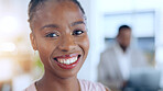 Happy black woman, face and smile for business confidence, career ambition or leadership at office. Portrait of confident African American female employee smiling in corporate management at workplace