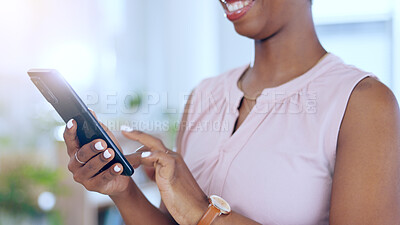 Buy stock photo Business woman, hands and phone typing for social media, communication or search at the office. Closeup, female employee and reading message or texting, meme or research on mobile in the workplace