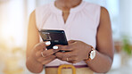 Business woman, hands and phone texting for social media, communication or browsing at the office. Closeup of female employee hand chatting, typing or research on mobile smartphone app at workplace