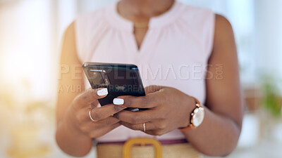 Buy stock photo Business woman, hands and phone for a social media app, communication or networking at the office. Closeup, female employee and typing message or texting, web or research on mobile in the workplace